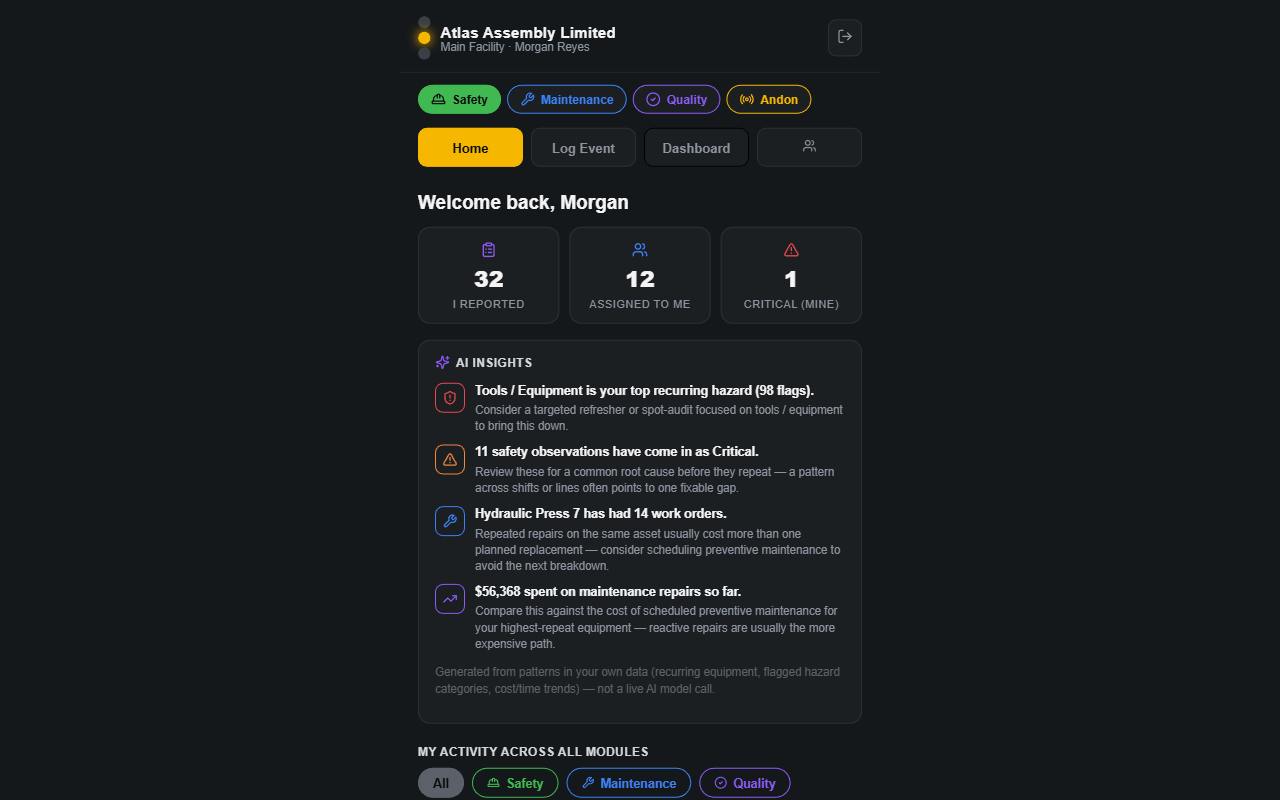 IntelOPX Home dashboard for Atlas Assembly Limited, showing reported events, assigned items, and AI Insights